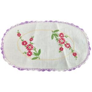 Vintage Needlepoint Table Covering- White with Purple Scalloped Trim- 12x7"